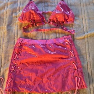 Pink Vinyl Bikini Top and Skirt Set